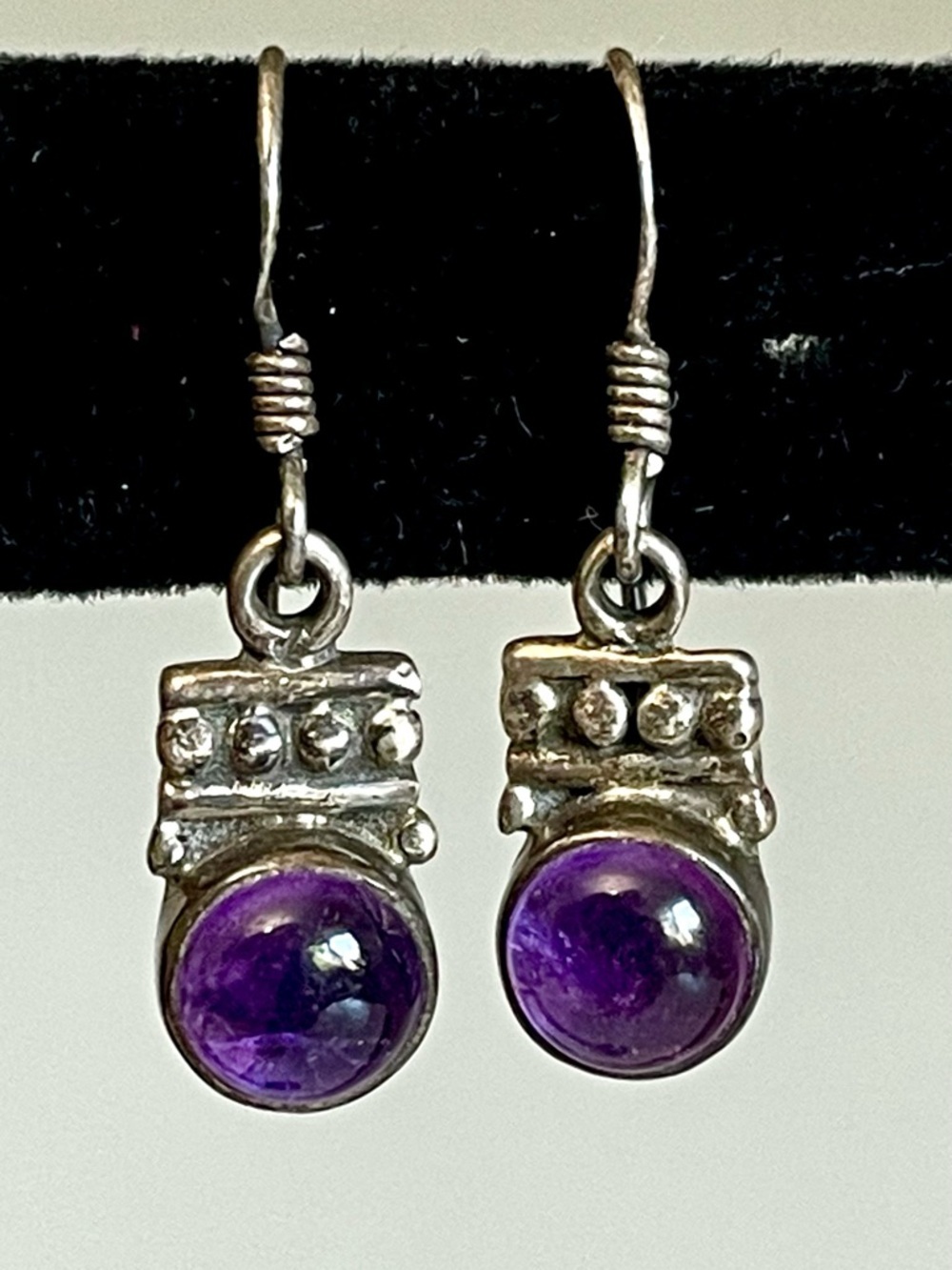 Vintage 925 Sterling Silver Amethyst Drop Earrings Gemstone Artisan Purple Boho